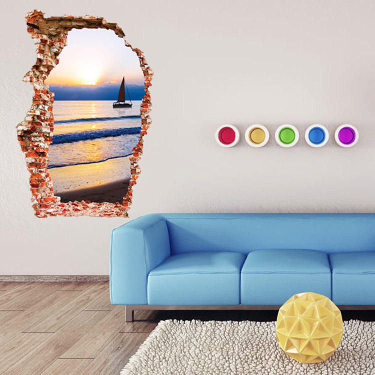 Miico Creativo 3d Mar Puesta De Sol Pared Rota Extraíble Hogar Habitación Decorativa Pared Puerta Decoración Pegatina