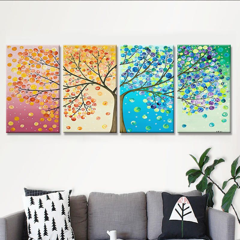 Miico Pintado A Mano Cuatro Pinturas Decorativas Combinadas Arte De Pared De Árbol De La Vida De Cuatro Colores Para Decoración Del Hogar