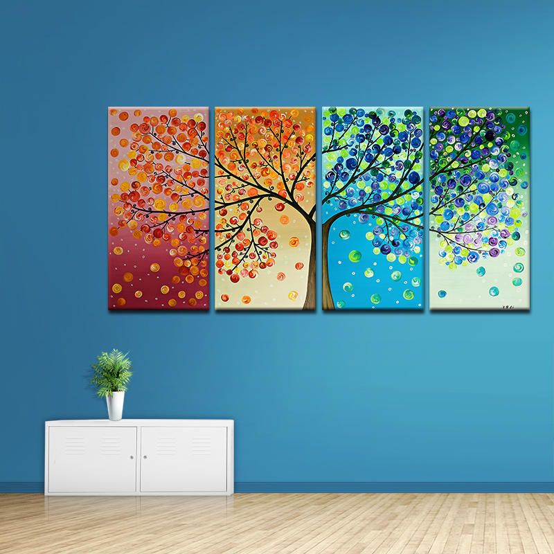 Miico Pintado A Mano Cuatro Pinturas Decorativas Combinadas Arte De Pared De Árbol De La Vida De Cuatro Colores Para Decoración Del Hogar