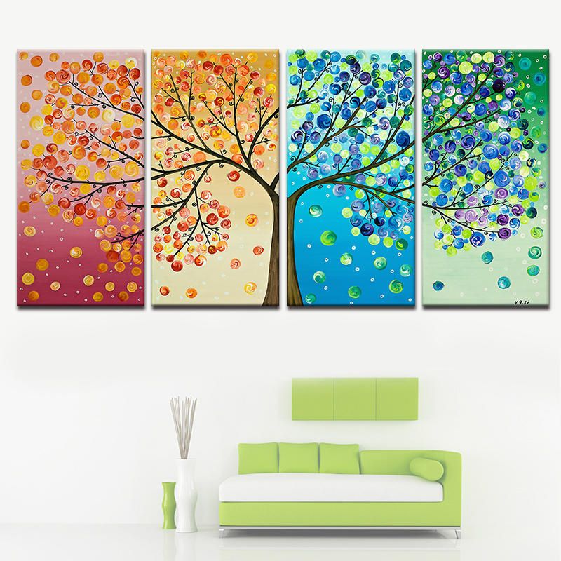 Miico Pintado A Mano Cuatro Pinturas Decorativas Combinadas Arte De Pared De Árbol De La Vida De Cuatro Colores Para Decoración Del Hogar