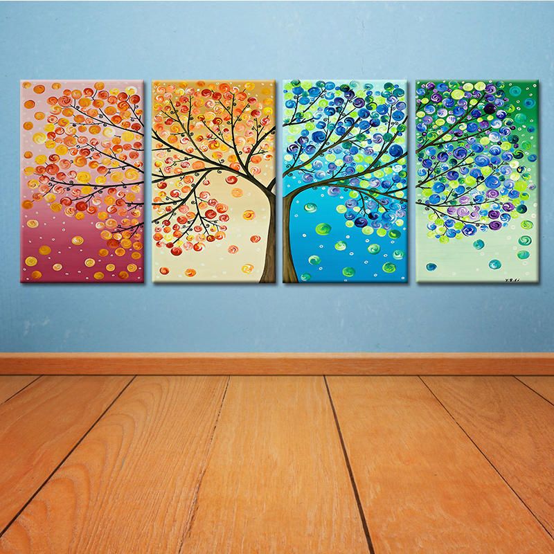 Miico Pintado A Mano Cuatro Pinturas Decorativas Combinadas Arte De Pared De Árbol De La Vida De Cuatro Colores Para Decoración Del Hogar