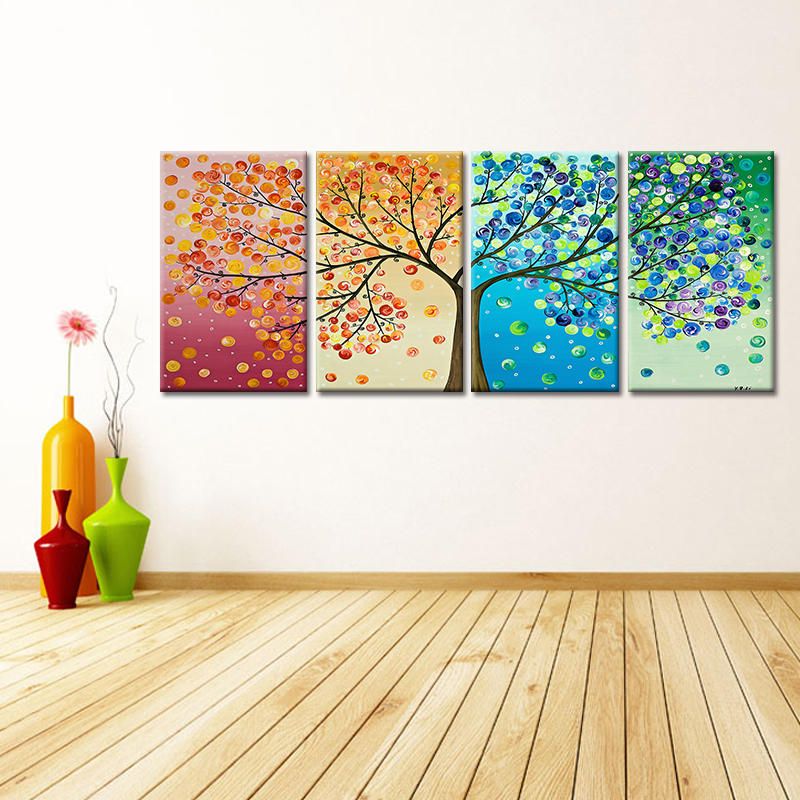 Miico Pintado A Mano Cuatro Pinturas Decorativas Combinadas Arte De Pared De Árbol De La Vida De Cuatro Colores Para Decoración Del Hogar