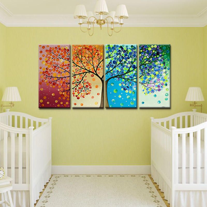 Miico Pintado A Mano Cuatro Pinturas Decorativas Combinadas Arte De Pared De Árbol De La Vida De Cuatro Colores Para Decoración Del Hogar