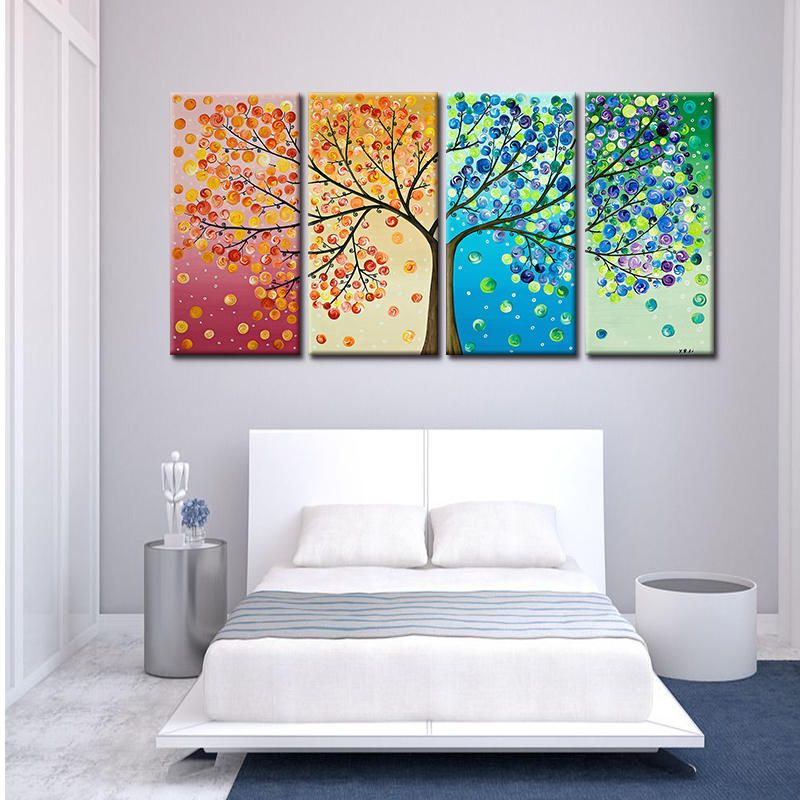 Miico Pintado A Mano Cuatro Pinturas Decorativas Combinadas Arte De Pared De Árbol De La Vida De Cuatro Colores Para Decoración Del Hogar