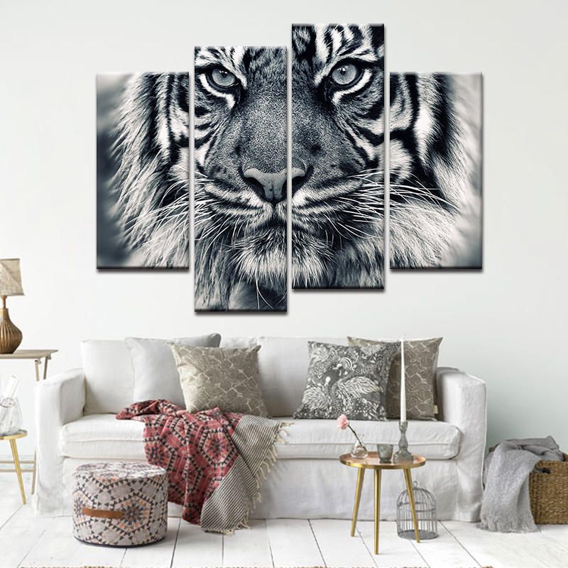 Miico Pintado A Mano Cuatro Pinturas Decorativas Combinadas Arte De Pared De Cabeza De Tigre Para Decoración Del Hogar