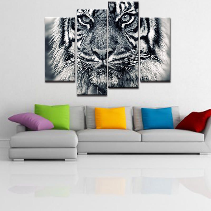 Miico Pintado A Mano Cuatro Pinturas Decorativas Combinadas Arte De Pared De Cabeza De Tigre Para Decoración Del Hogar