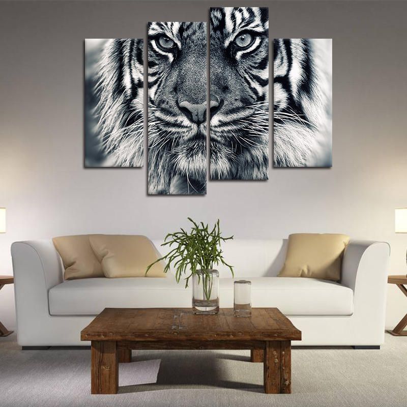 Miico Pintado A Mano Cuatro Pinturas Decorativas Combinadas Arte De Pared De Cabeza De Tigre Para Decoración Del Hogar