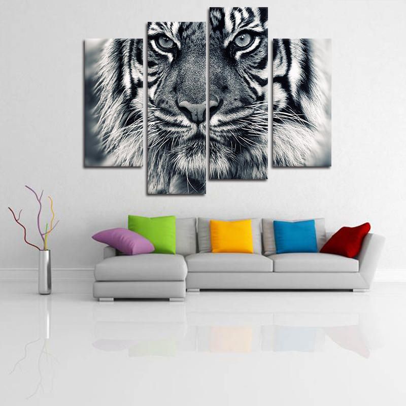 Miico Pintado A Mano Cuatro Pinturas Decorativas Combinadas Arte De Pared De Cabeza De Tigre Para Decoración Del Hogar