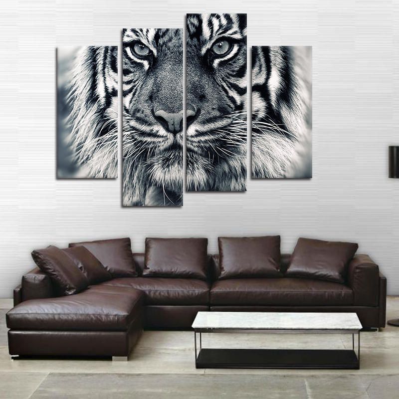 Miico Pintado A Mano Cuatro Pinturas Decorativas Combinadas Arte De Pared De Cabeza De Tigre Para Decoración Del Hogar