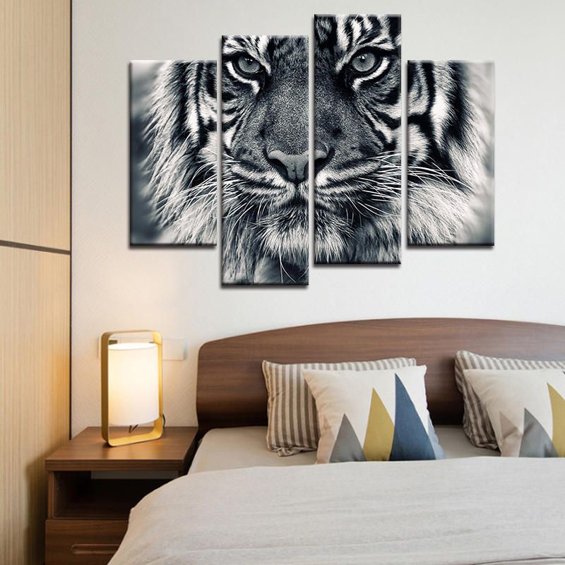 Miico Pintado A Mano Cuatro Pinturas Decorativas Combinadas Arte De Pared De Cabeza De Tigre Para Decoración Del Hogar