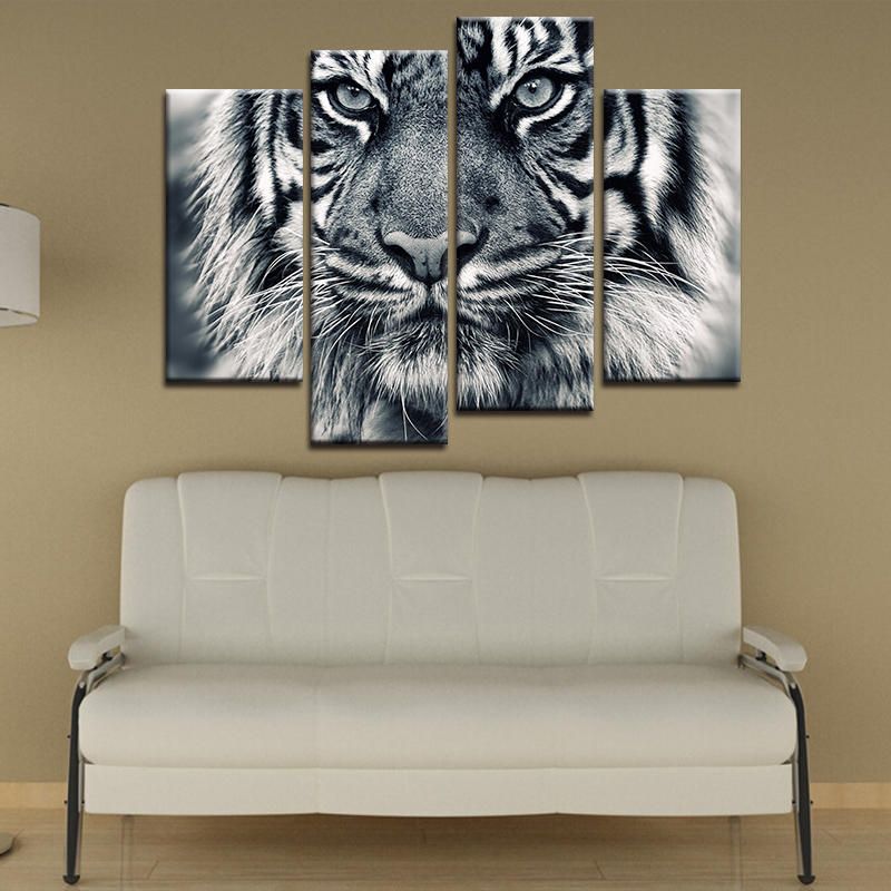 Miico Pintado A Mano Cuatro Pinturas Decorativas Combinadas Arte De Pared De Cabeza De Tigre Para Decoración Del Hogar