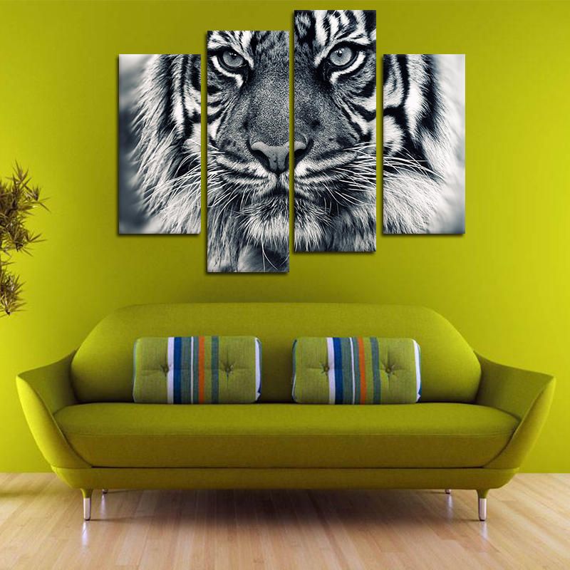 Miico Pintado A Mano Cuatro Pinturas Decorativas Combinadas Arte De Pared De Cabeza De Tigre Para Decoración Del Hogar