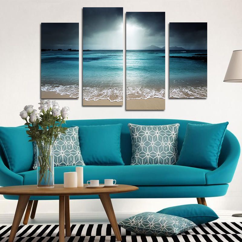 Miico Pintado A Mano Cuatro Pinturas Decorativas Combinadas Arte De La Pared Del Mar Azul Para La Decoración Del Hogar