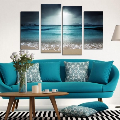 Miico Pintado A Mano Cuatro Pinturas Decorativas Combinadas Arte De La Pared Del Mar Azul Para La Decoración Del Hogar