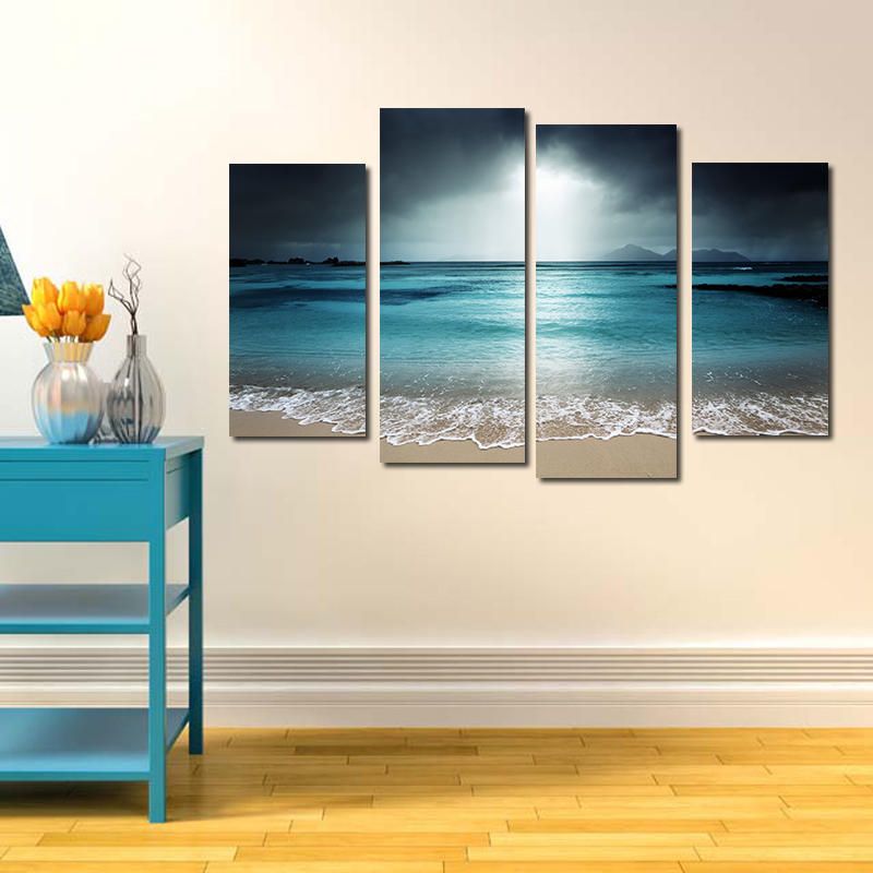 Miico Pintado A Mano Cuatro Pinturas Decorativas Combinadas Arte De La Pared Del Mar Azul Para La Decoración Del Hogar