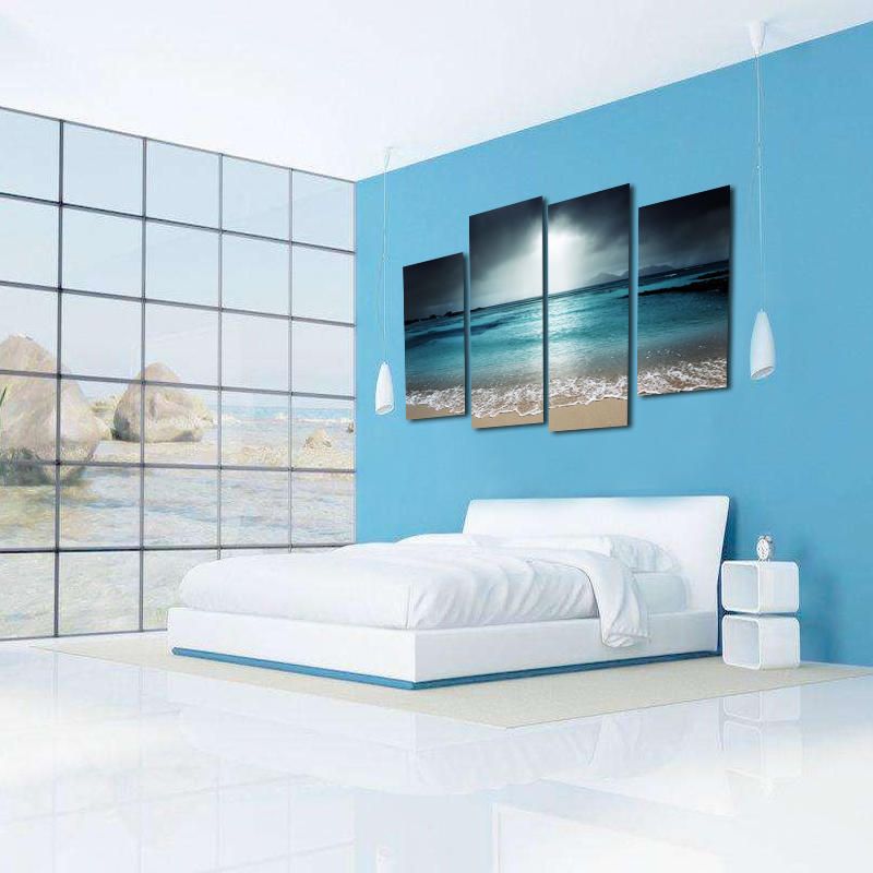 Miico Pintado A Mano Cuatro Pinturas Decorativas Combinadas Arte De La Pared Del Mar Azul Para La Decoración Del Hogar