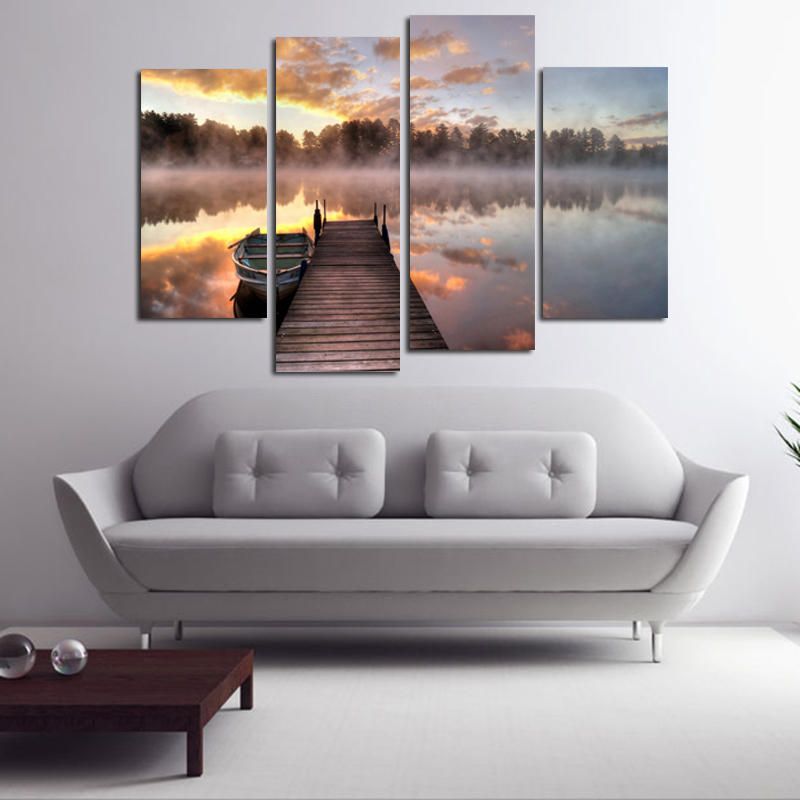 Miico Pintado A Mano Cuatro Pinturas Decorativas Combinadas Arte De Pared De Superficie De Lago Brumoso Para Decoración Del Hogar