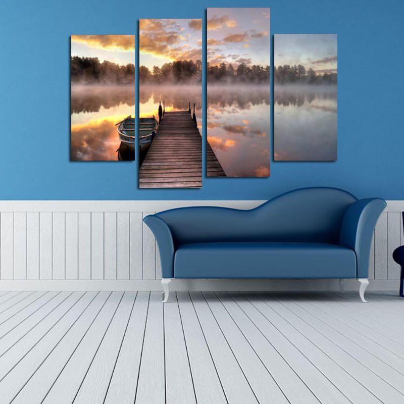 Miico Pintado A Mano Cuatro Pinturas Decorativas Combinadas Arte De Pared De Superficie De Lago Brumoso Para Decoración Del Hogar