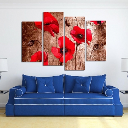 Miico Pintado A Mano Cuatro Pinturas Decorativas Combinadas Flores Rojas Arte De La Pared Para La Decoración Del Hogar