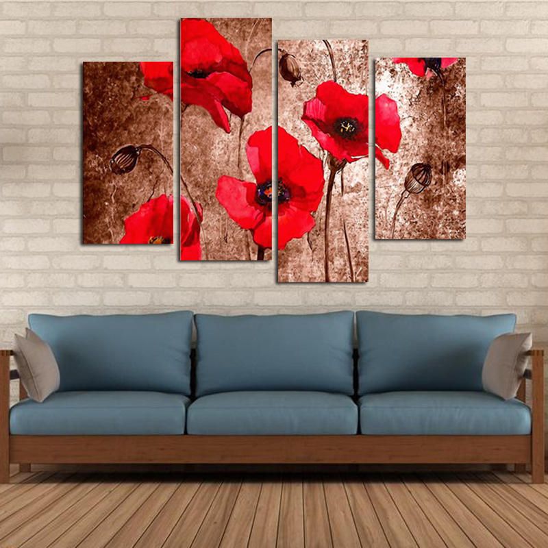 Miico Pintado A Mano Cuatro Pinturas Decorativas Combinadas Flores Rojas Arte De La Pared Para La Decoración Del Hogar