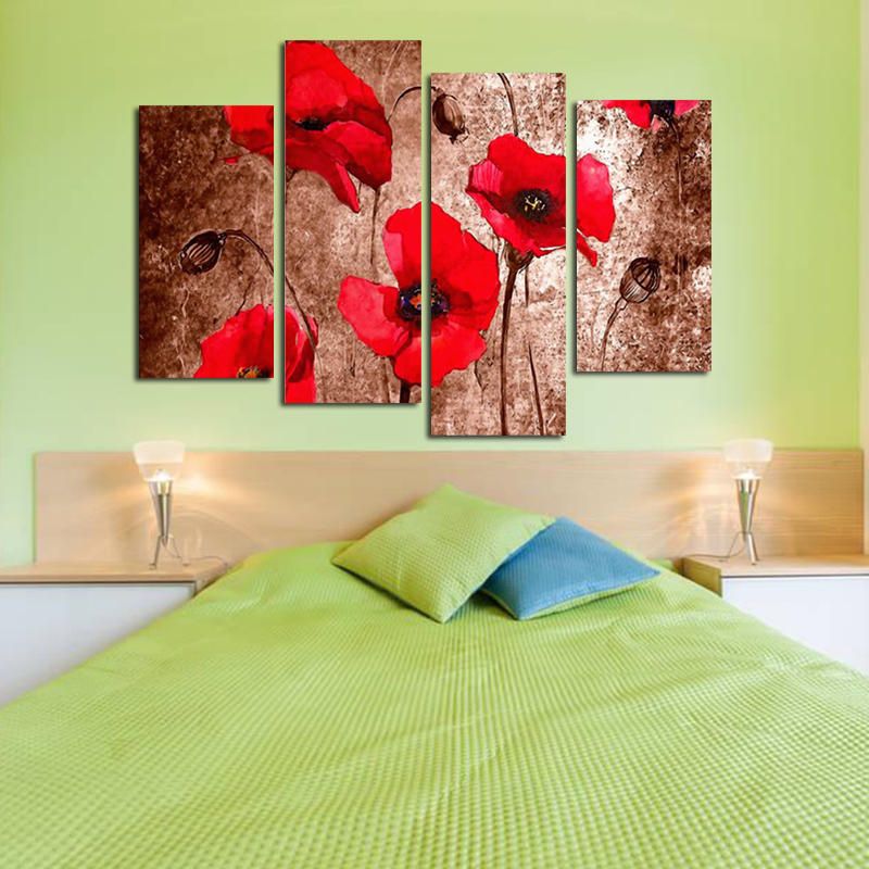 Miico Pintado A Mano Cuatro Pinturas Decorativas Combinadas Flores Rojas Arte De La Pared Para La Decoración Del Hogar