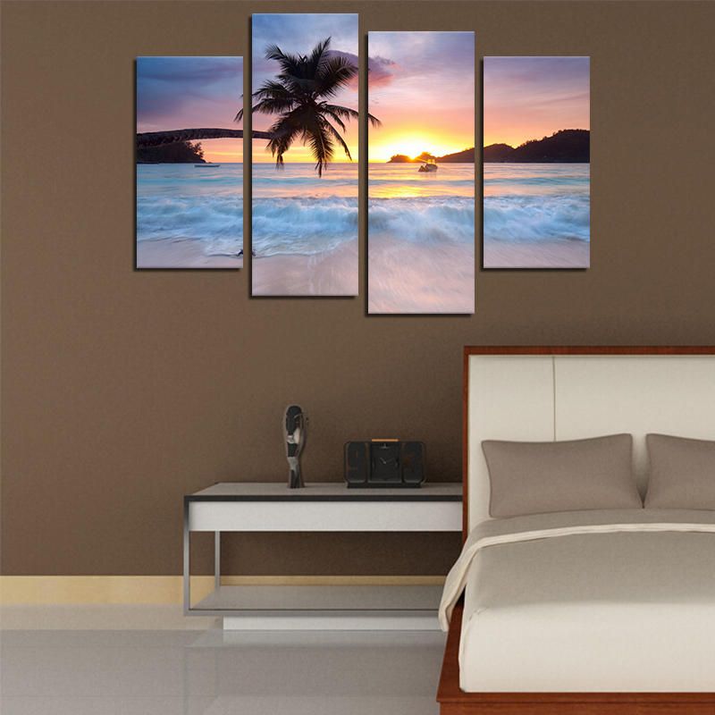 Miico Pintado A Mano Cuatro Pinturas Decorativas Combinadas Junto Al Mar Arte De La Pared Del Árbol De Coco Para La Decoración Del Hogar