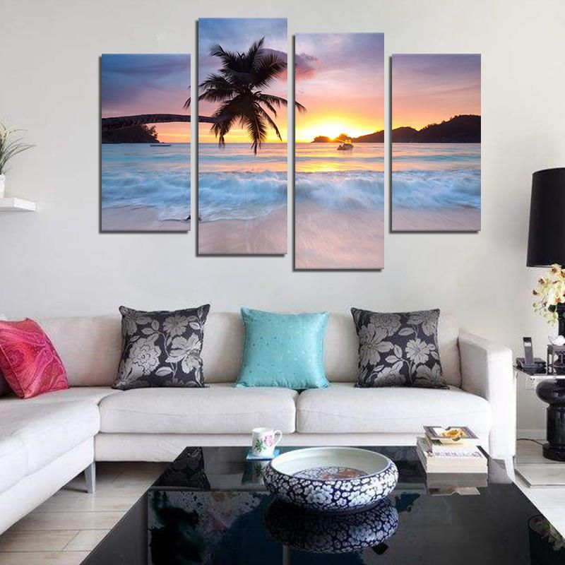 Miico Pintado A Mano Cuatro Pinturas Decorativas Combinadas Junto Al Mar Arte De La Pared Del Árbol De Coco Para La Decoración Del Hogar