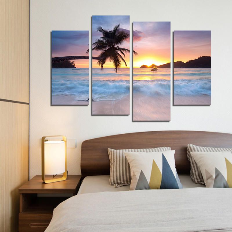 Miico Pintado A Mano Cuatro Pinturas Decorativas Combinadas Junto Al Mar Arte De La Pared Del Árbol De Coco Para La Decoración Del Hogar