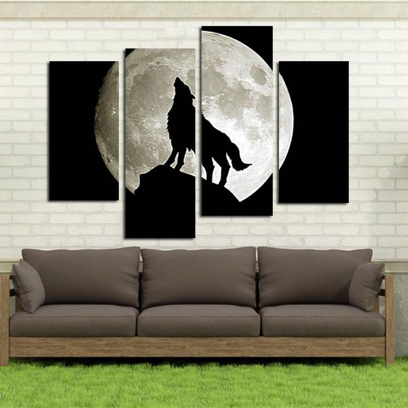 Miico Pintado A Mano Cuatro Pinturas Decorativas Combinadas Luna Llena Lobo Negro Arte De Pared Para Decoración Del Hogar