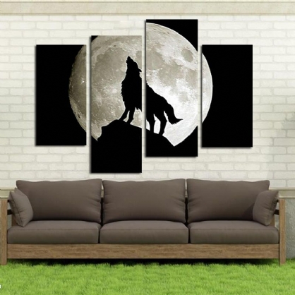 Miico Pintado A Mano Cuatro Pinturas Decorativas Combinadas Luna Llena Lobo Negro Arte De Pared Para Decoración Del Hogar