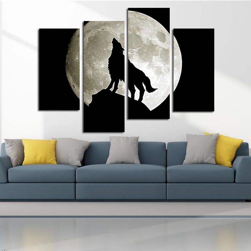 Miico Pintado A Mano Cuatro Pinturas Decorativas Combinadas Luna Llena Lobo Negro Arte De Pared Para Decoración Del Hogar