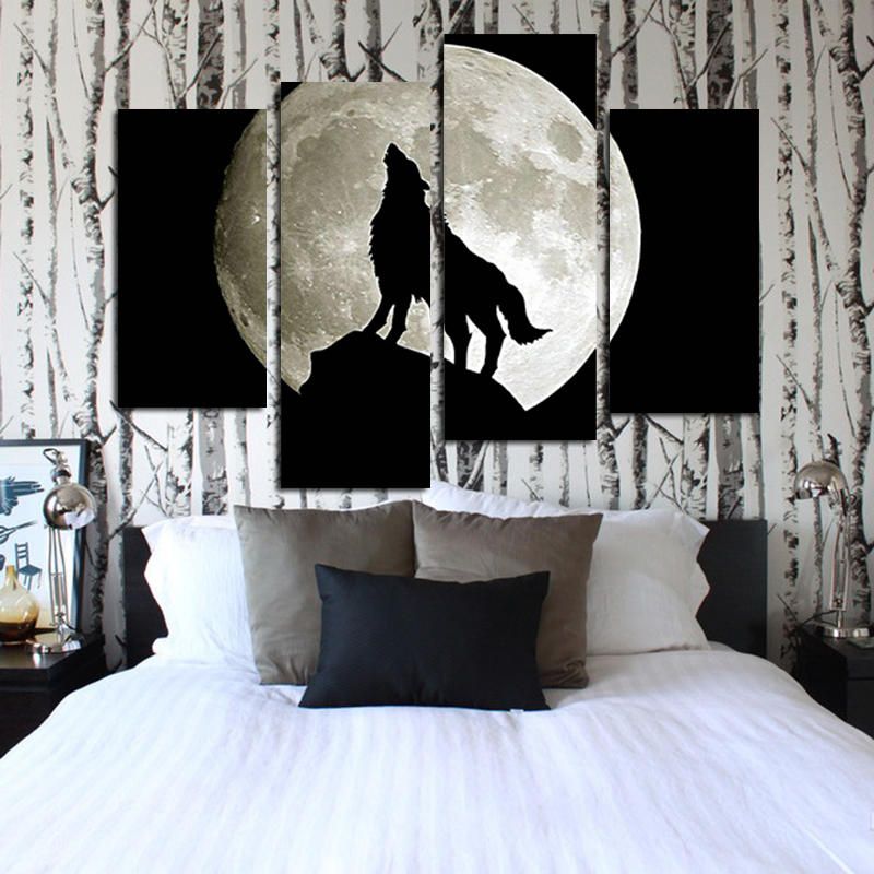 Miico Pintado A Mano Cuatro Pinturas Decorativas Combinadas Luna Llena Lobo Negro Arte De Pared Para Decoración Del Hogar