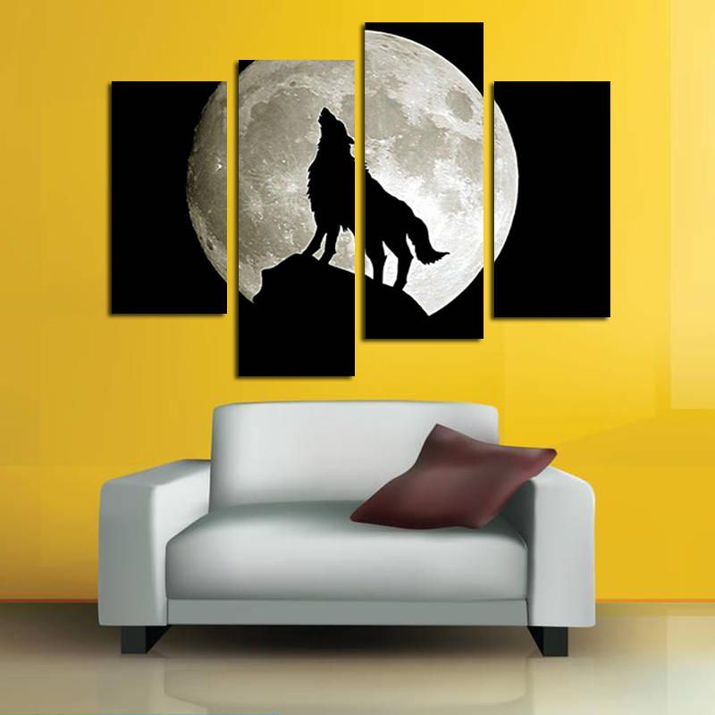 Miico Pintado A Mano Cuatro Pinturas Decorativas Combinadas Luna Llena Lobo Negro Arte De Pared Para Decoración Del Hogar