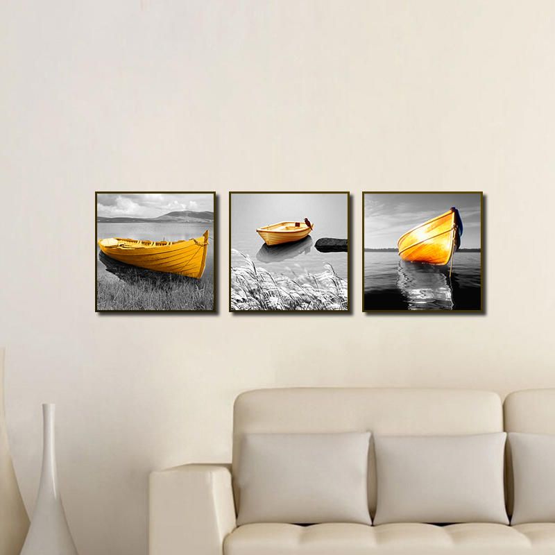 Miico Pintado A Mano Tres Pinturas Decorativas Combinadas Arte De La Pared Del Barco Amarillo Para La Decoración Del Hogar