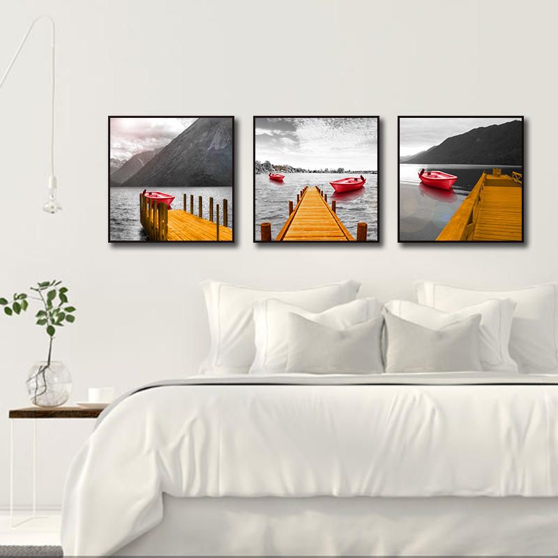 Miico Pintado A Mano Tres Pinturas Decorativas Combinadas Arte De La Pared Del Barco Rojo Para La Decoración Del Hogar