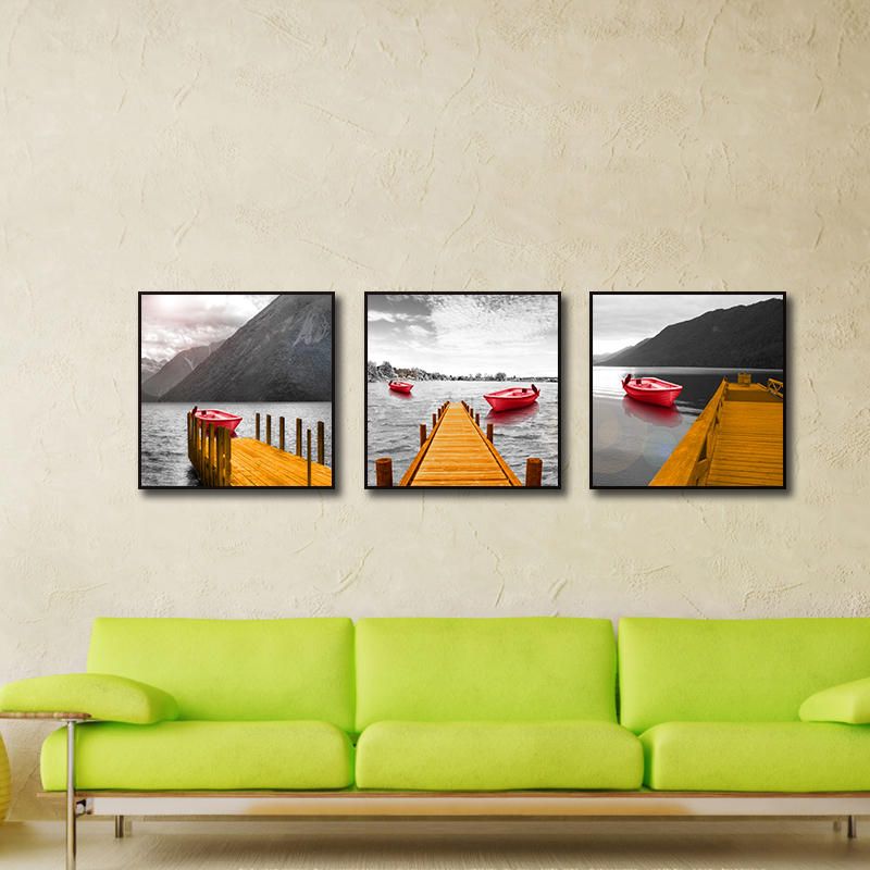 Miico Pintado A Mano Tres Pinturas Decorativas Combinadas Arte De La Pared Del Barco Rojo Para La Decoración Del Hogar