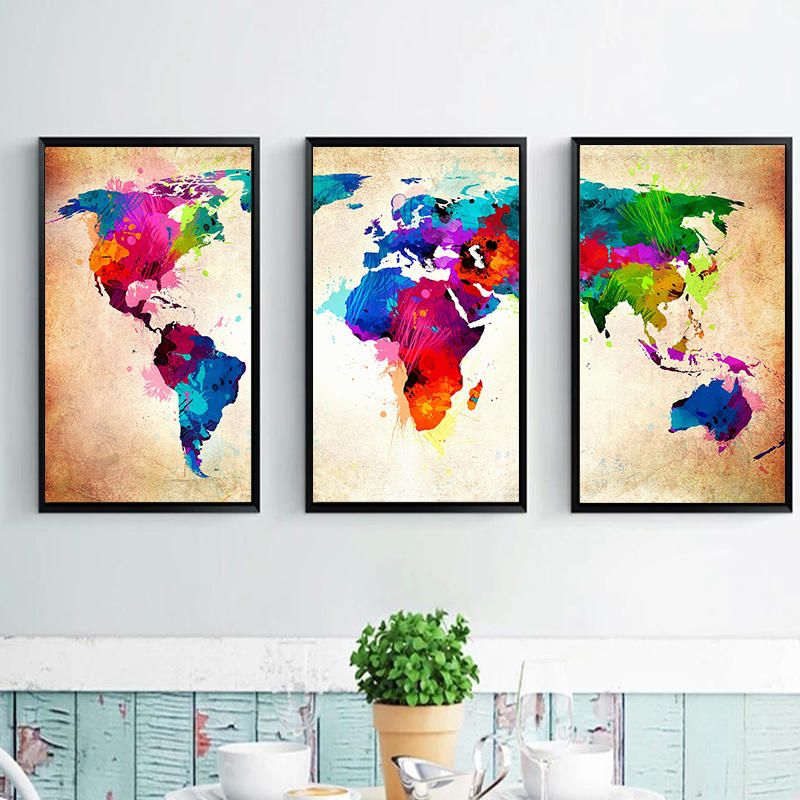 Miico Pintado A Mano Tres Pinturas Decorativas Combinadas Colorido Mapa Del Mundo Arte De La Pared Para La Decoración Del Hogar