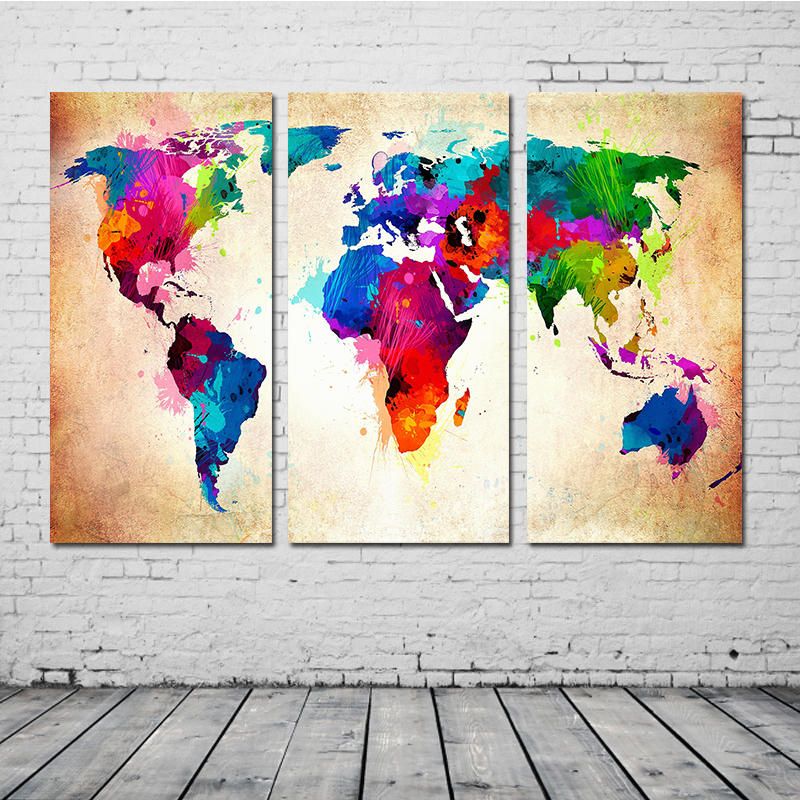 Miico Pintado A Mano Tres Pinturas Decorativas Combinadas Colorido Mapa Del Mundo Arte De La Pared Para La Decoración Del Hogar