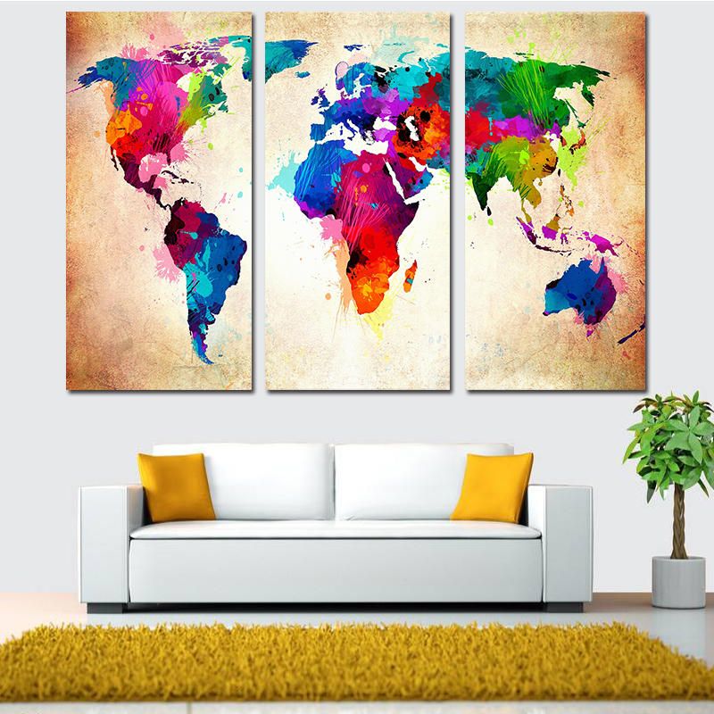 Miico Pintado A Mano Tres Pinturas Decorativas Combinadas Colorido Mapa Del Mundo Arte De La Pared Para La Decoración Del Hogar