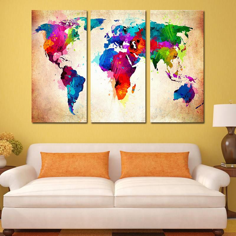 Miico Pintado A Mano Tres Pinturas Decorativas Combinadas Colorido Mapa Del Mundo Arte De La Pared Para La Decoración Del Hogar