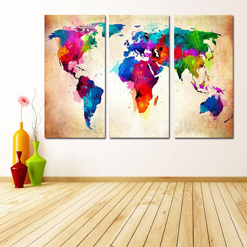 Miico Pintado A Mano Tres Pinturas Decorativas Combinadas Colorido Mapa Del Mundo Arte De La Pared Para La Decoración Del Hogar