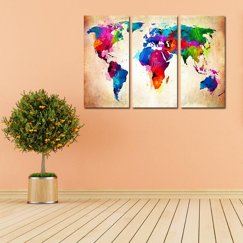 Miico Pintado A Mano Tres Pinturas Decorativas Combinadas Colorido Mapa Del Mundo Arte De La Pared Para La Decoración Del Hogar