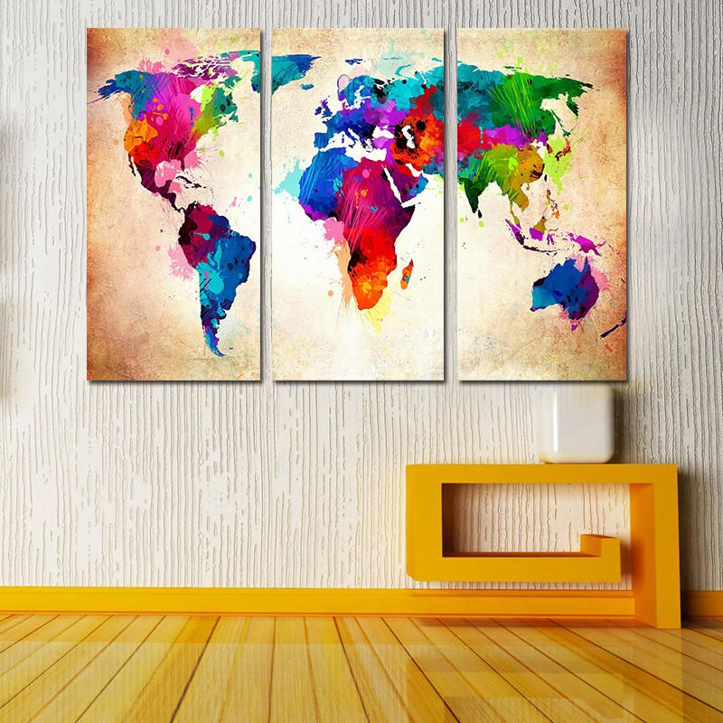 Miico Pintado A Mano Tres Pinturas Decorativas Combinadas Colorido Mapa Del Mundo Arte De La Pared Para La Decoración Del Hogar