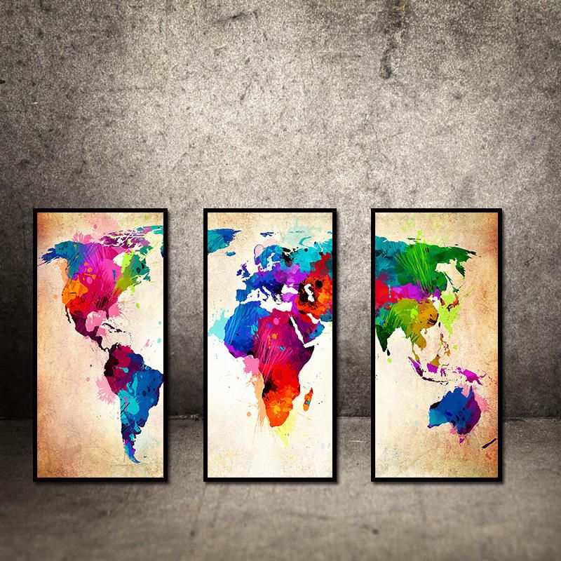 Miico Pintado A Mano Tres Pinturas Decorativas Combinadas Colorido Mapa Del Mundo Arte De La Pared Para La Decoración Del Hogar