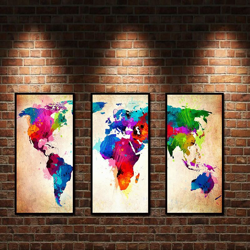 Miico Pintado A Mano Tres Pinturas Decorativas Combinadas Colorido Mapa Del Mundo Arte De La Pared Para La Decoración Del Hogar