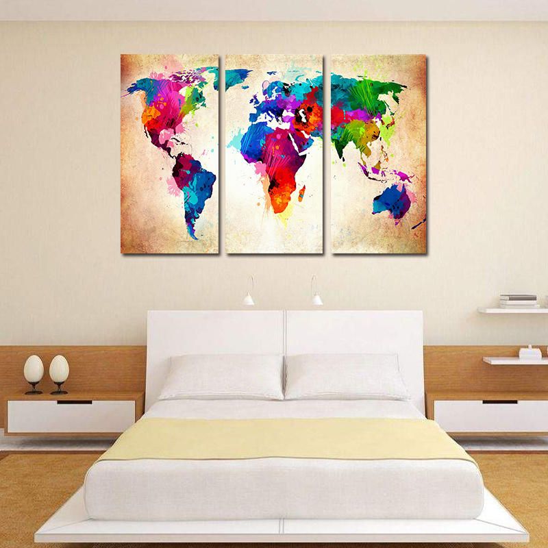 Miico Pintado A Mano Tres Pinturas Decorativas Combinadas Colorido Mapa Del Mundo Arte De La Pared Para La Decoración Del Hogar