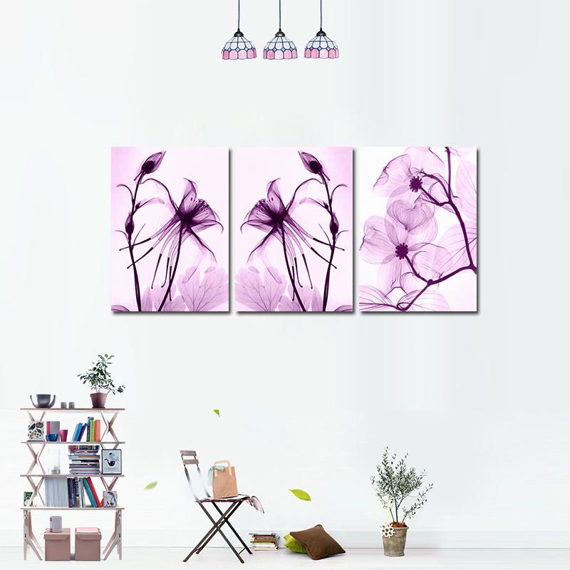 Miico Pintado A Mano Tres Pinturas Decorativas Combinadas Flores Púrpuras Botánicas Arte De La Pared Para La Decoración Del Hogar