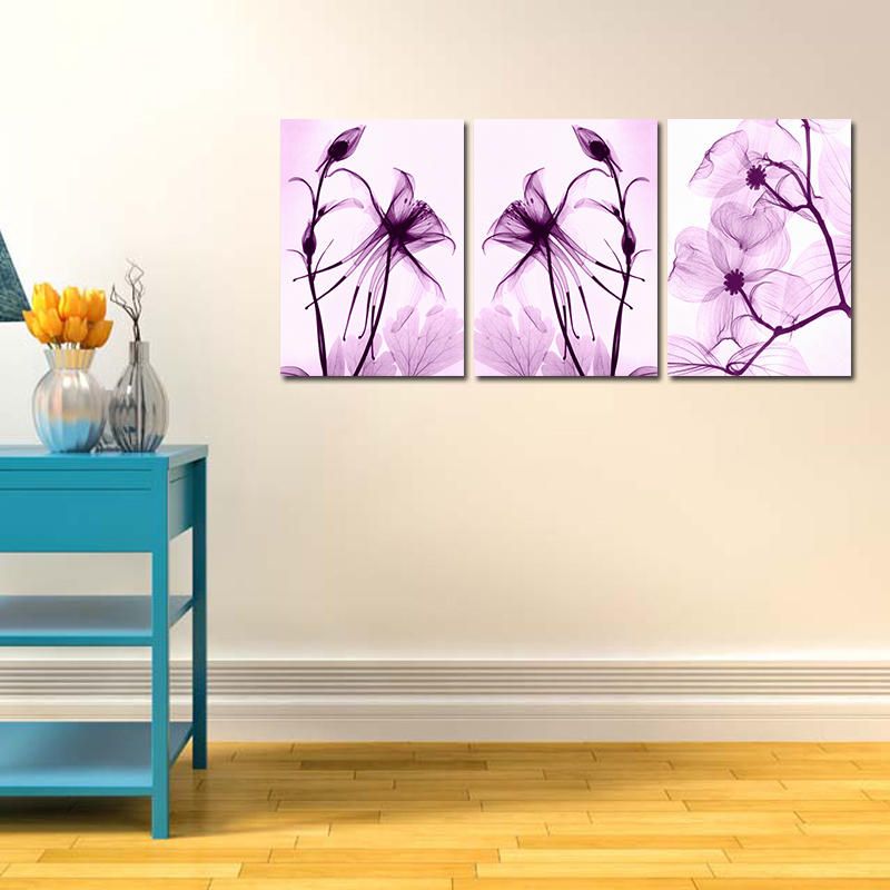 Miico Pintado A Mano Tres Pinturas Decorativas Combinadas Flores Púrpuras Botánicas Arte De La Pared Para La Decoración Del Hogar