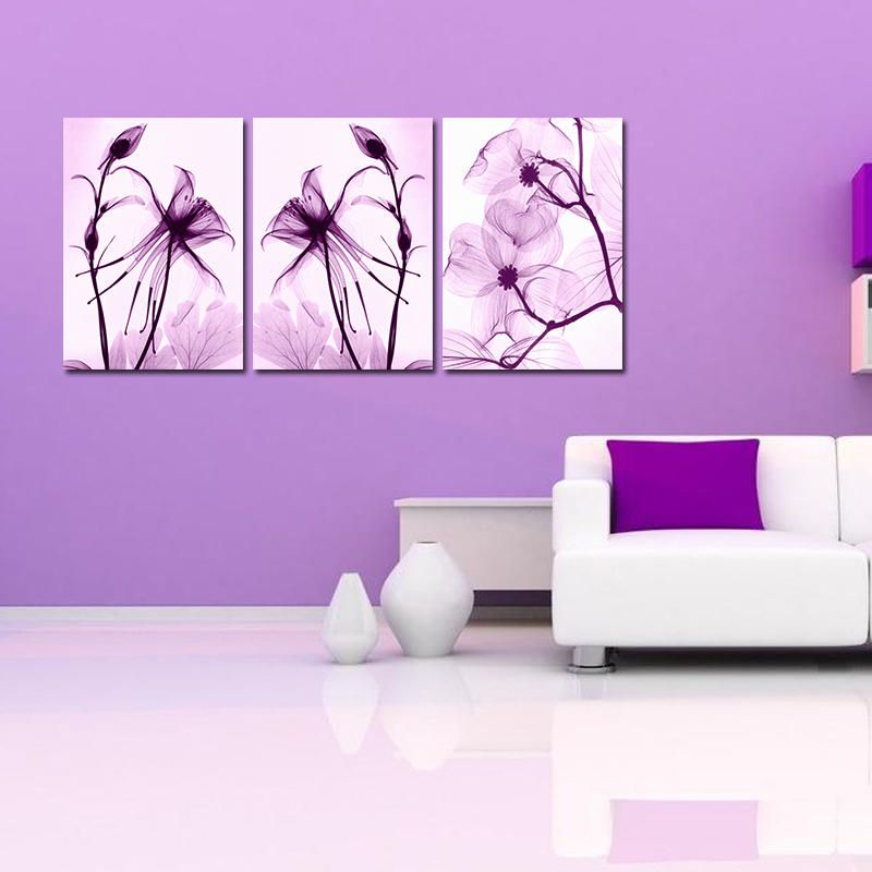 Miico Pintado A Mano Tres Pinturas Decorativas Combinadas Flores Púrpuras Botánicas Arte De La Pared Para La Decoración Del Hogar