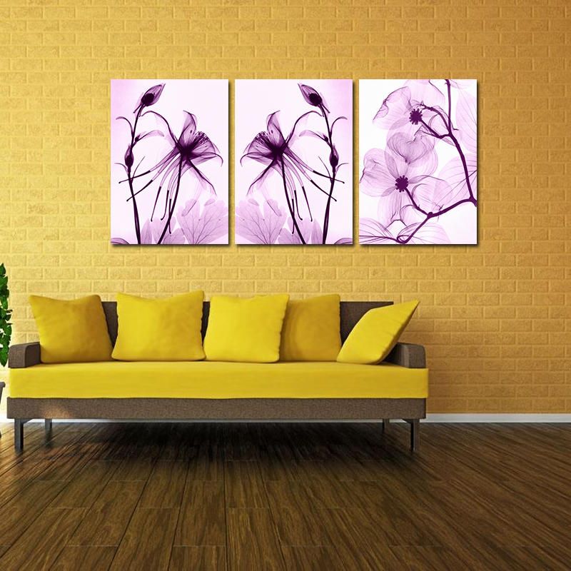 Miico Pintado A Mano Tres Pinturas Decorativas Combinadas Flores Púrpuras Botánicas Arte De La Pared Para La Decoración Del Hogar